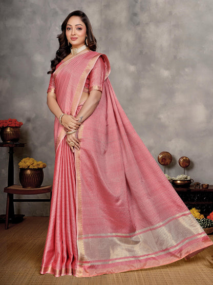 Pink Pure Jari Checks Silk Saree With Kurta Pajama Matching Couple Combo Set