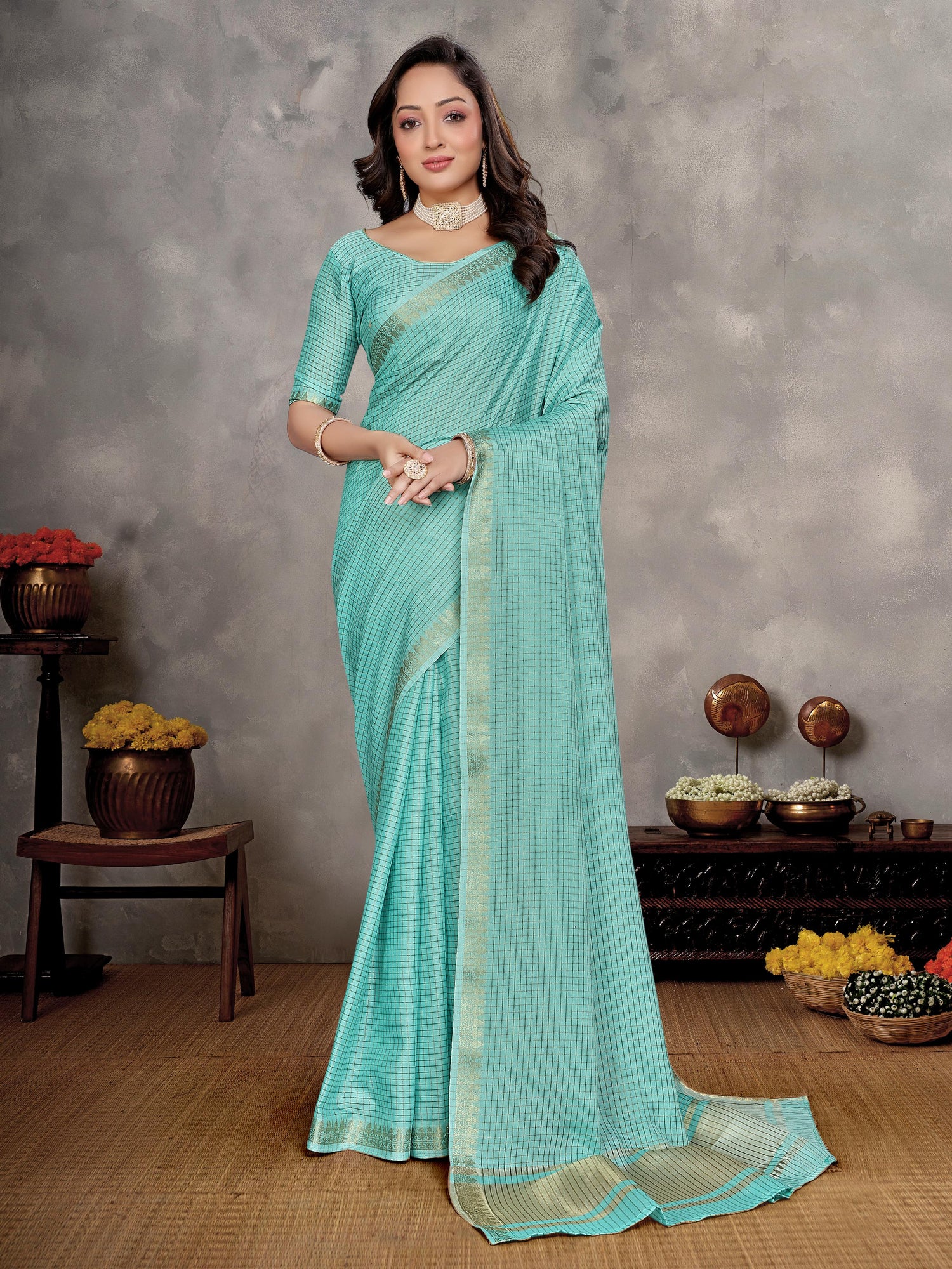 Sea Green Pure Jari Checks Silk Saree With Kurta Pajama Matching Couple Combo Set