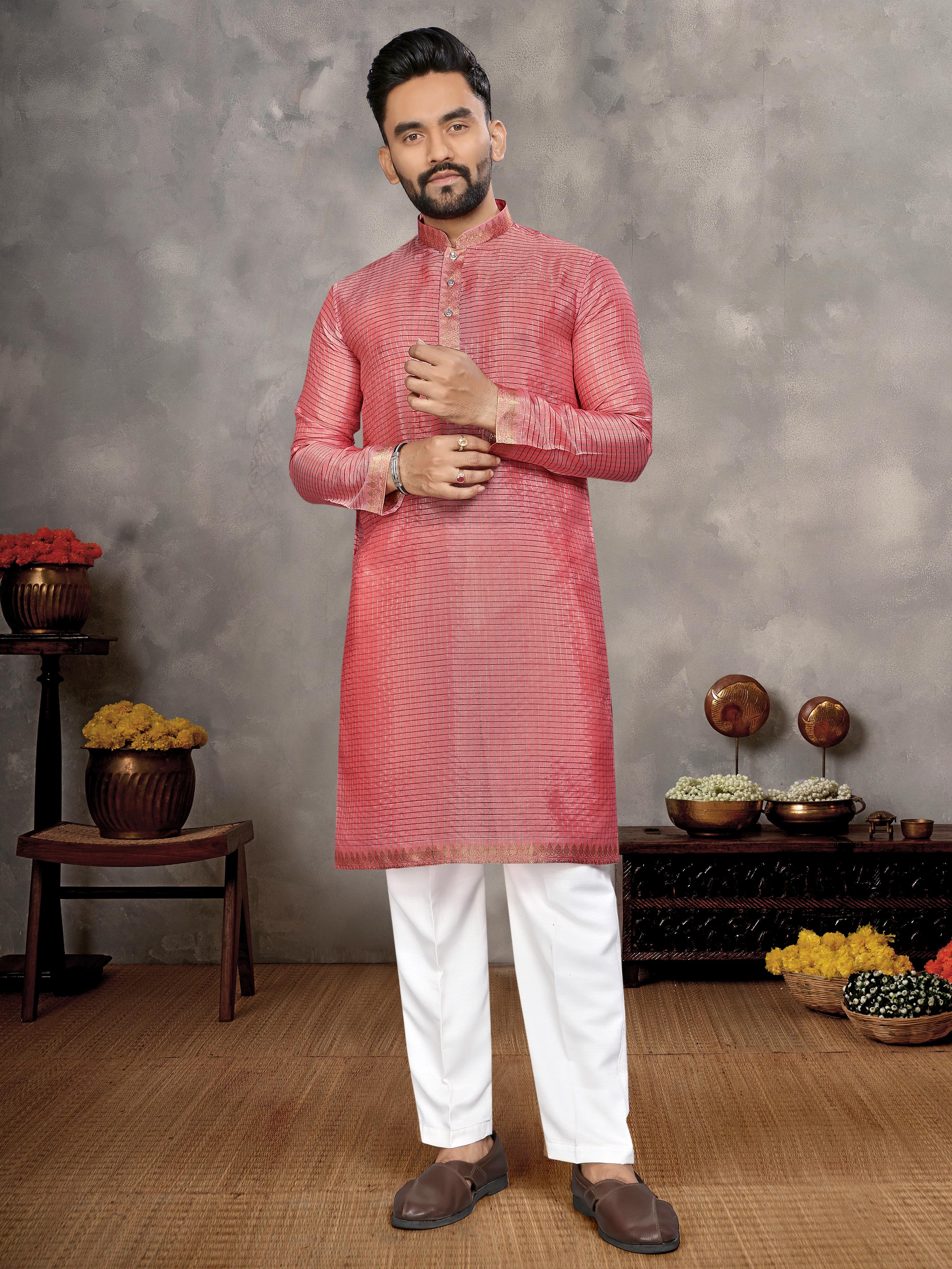 Pink Pure Jari Checks Silk Saree With Kurta Pajama Matching Couple Combo Set