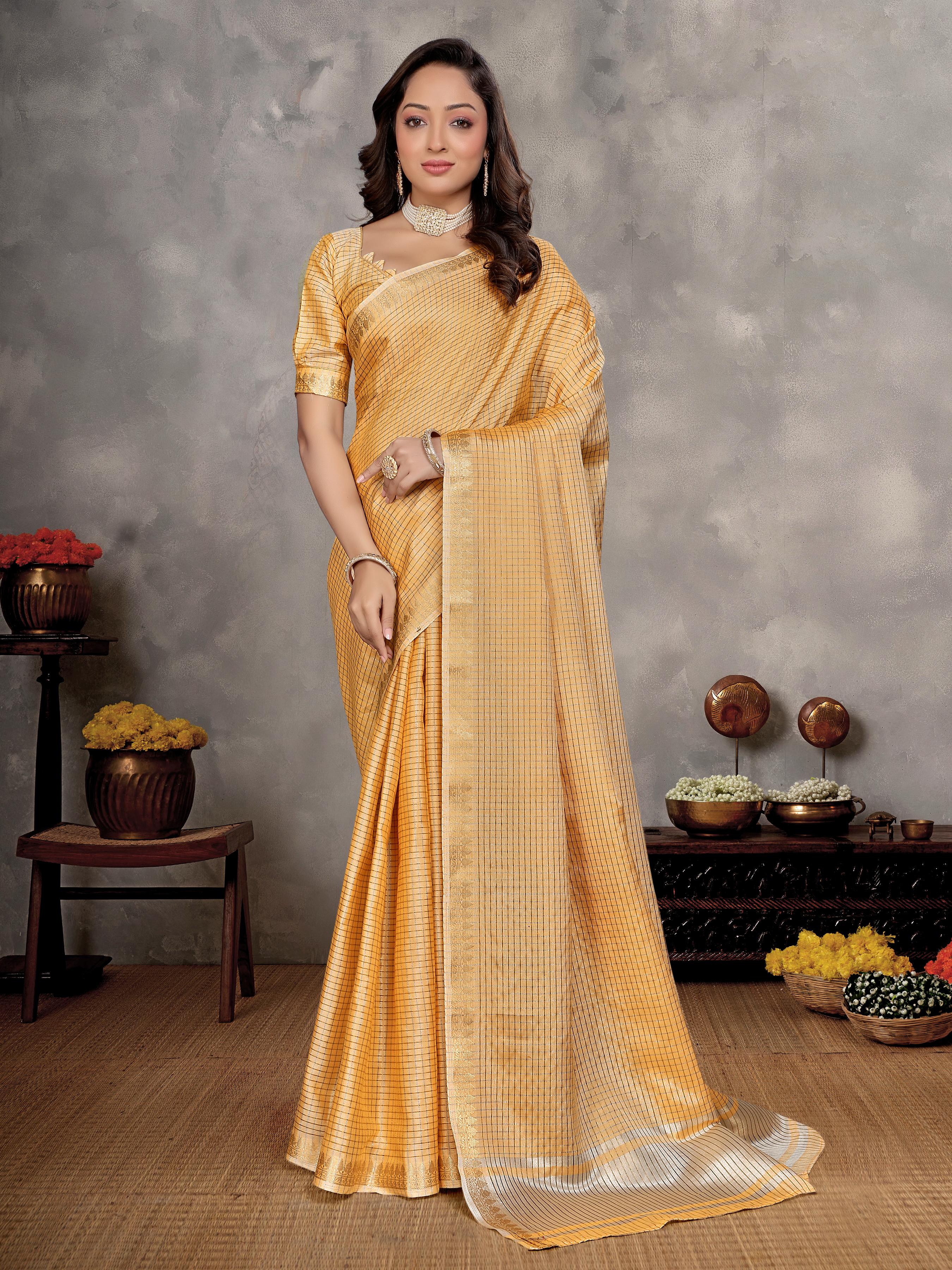 Mustard Pure Jari Checks Silk Saree With Kurta Pajama Matching Couple Combo Set