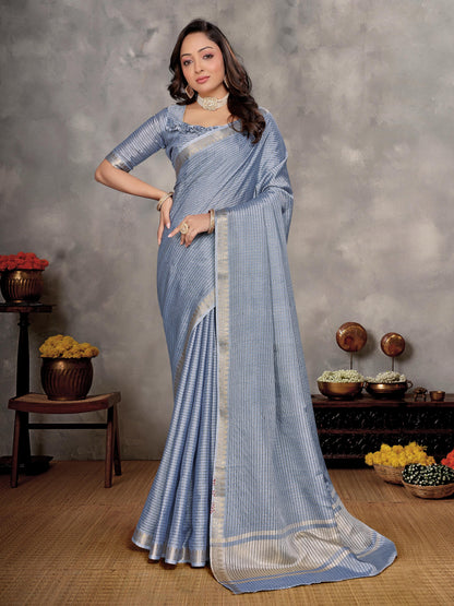 Blue Pure Jari Checks Silk Saree With Kurta Pajama Matching Couple Combo Set