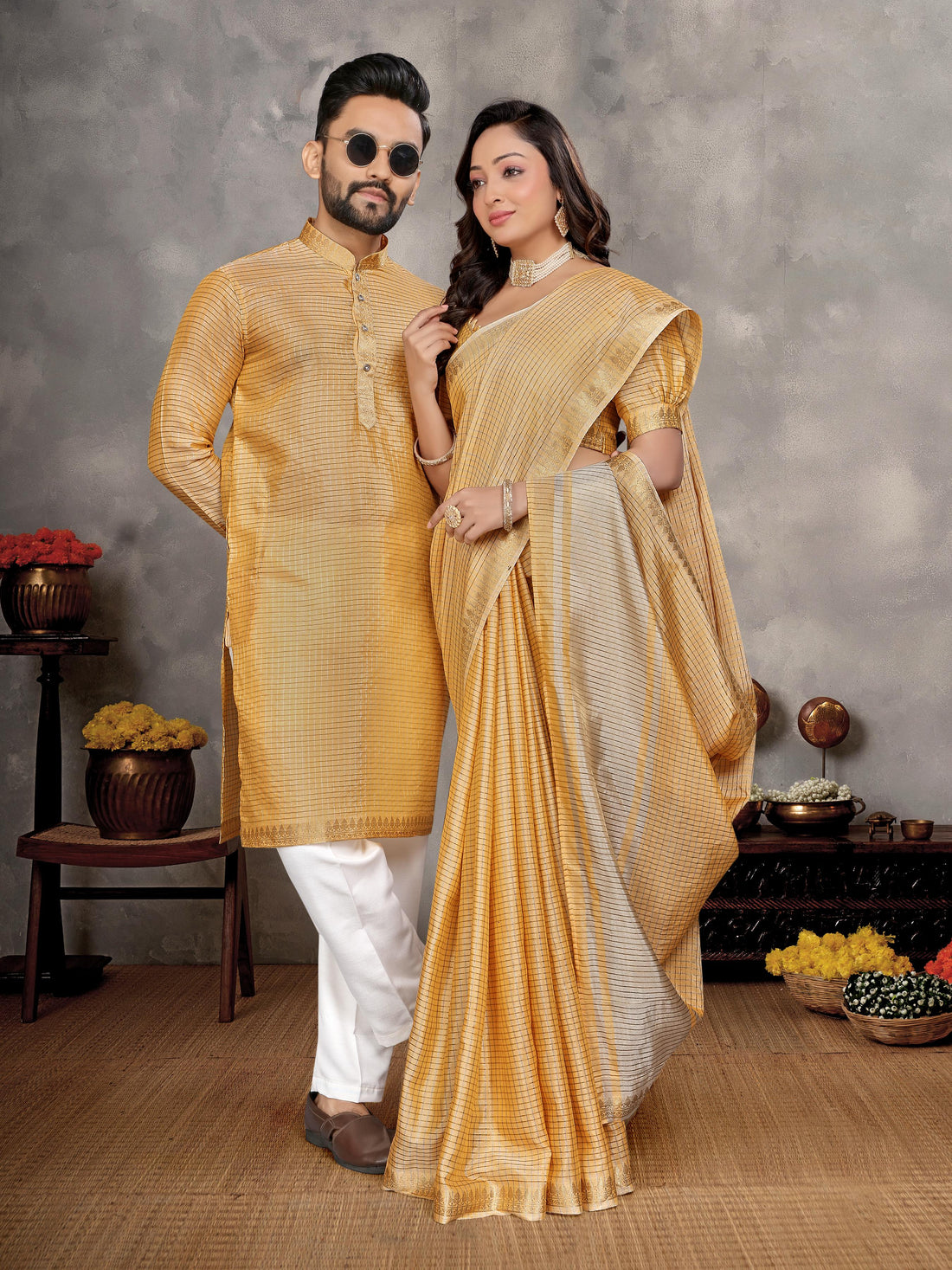 Mustard Pure Jari Checks Silk Saree With Kurta Pajama Matching Couple Combo Set