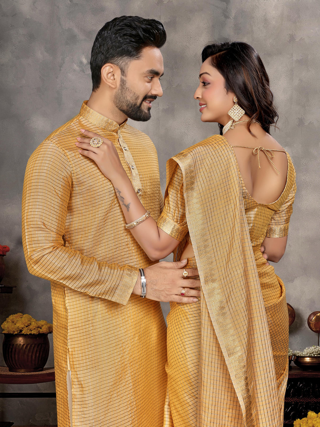 Mustard Pure Jari Checks Silk Saree With Kurta Pajama Matching Couple Combo Set
