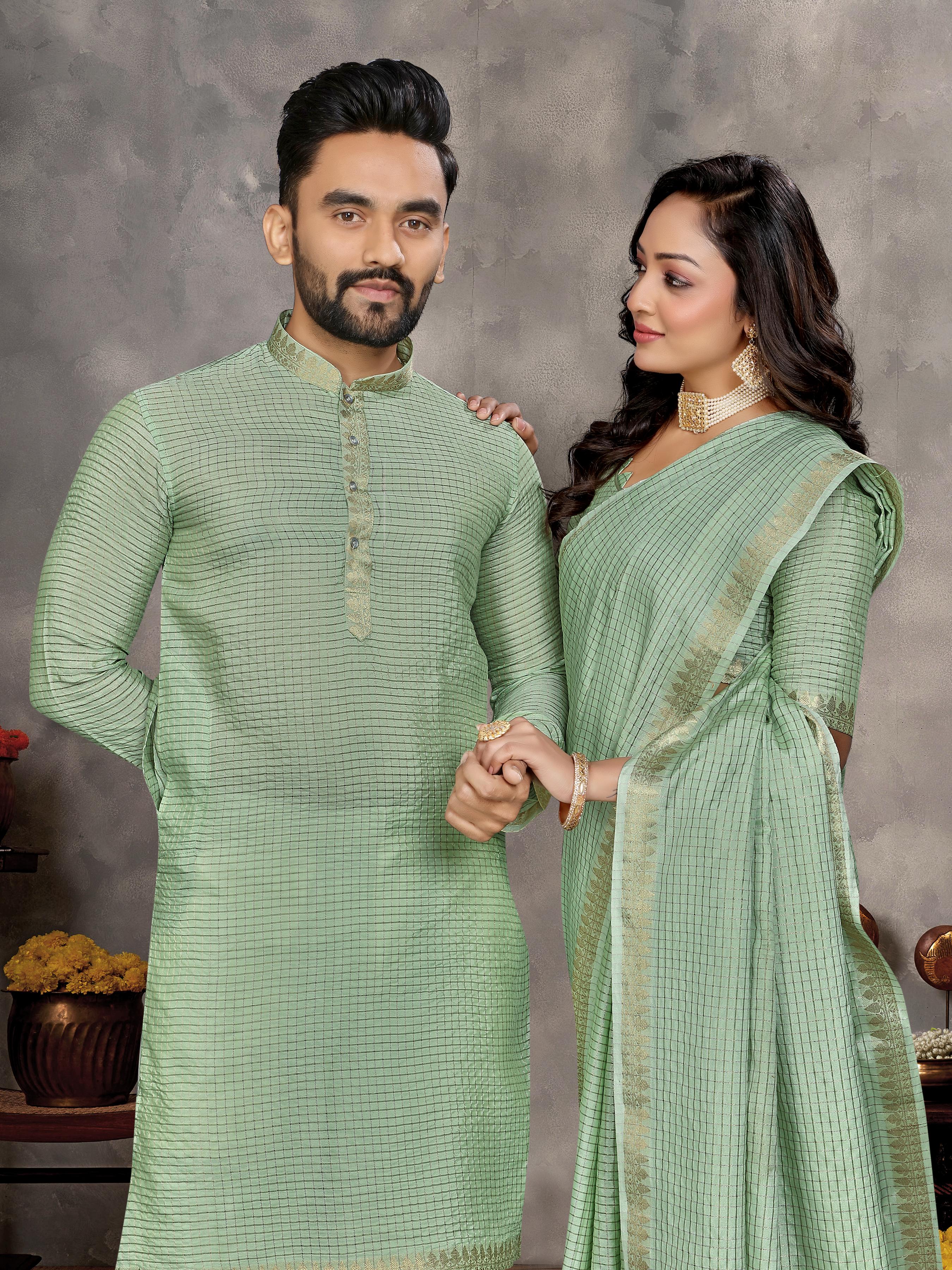 Green Pure Jari Checks Silk Saree With Kurta Pajama Matching Couple Combo Set
