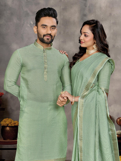Green Pure Jari Checks Silk Saree With Kurta Pajama Matching Couple Combo Set