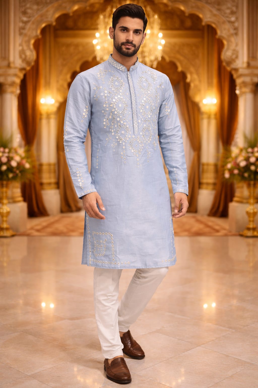 Sky Pure Silk Embroidery Sequins Work Kurta Pajama 