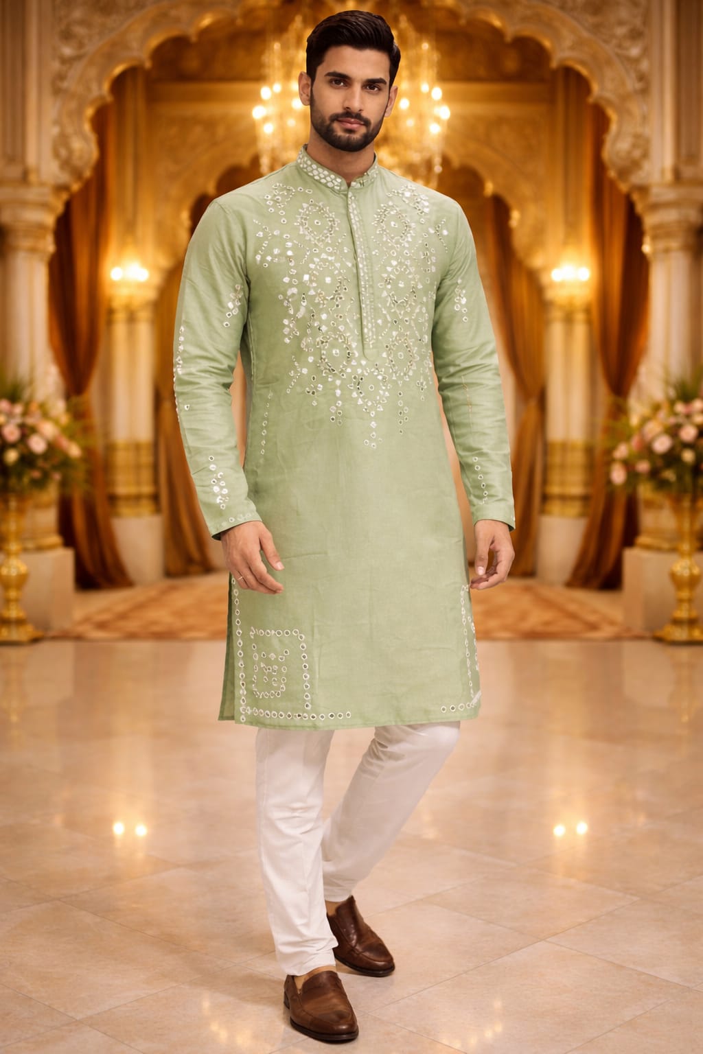 Sea Green Pure Silk Embroidery Sequins Work Kurta Pajama 