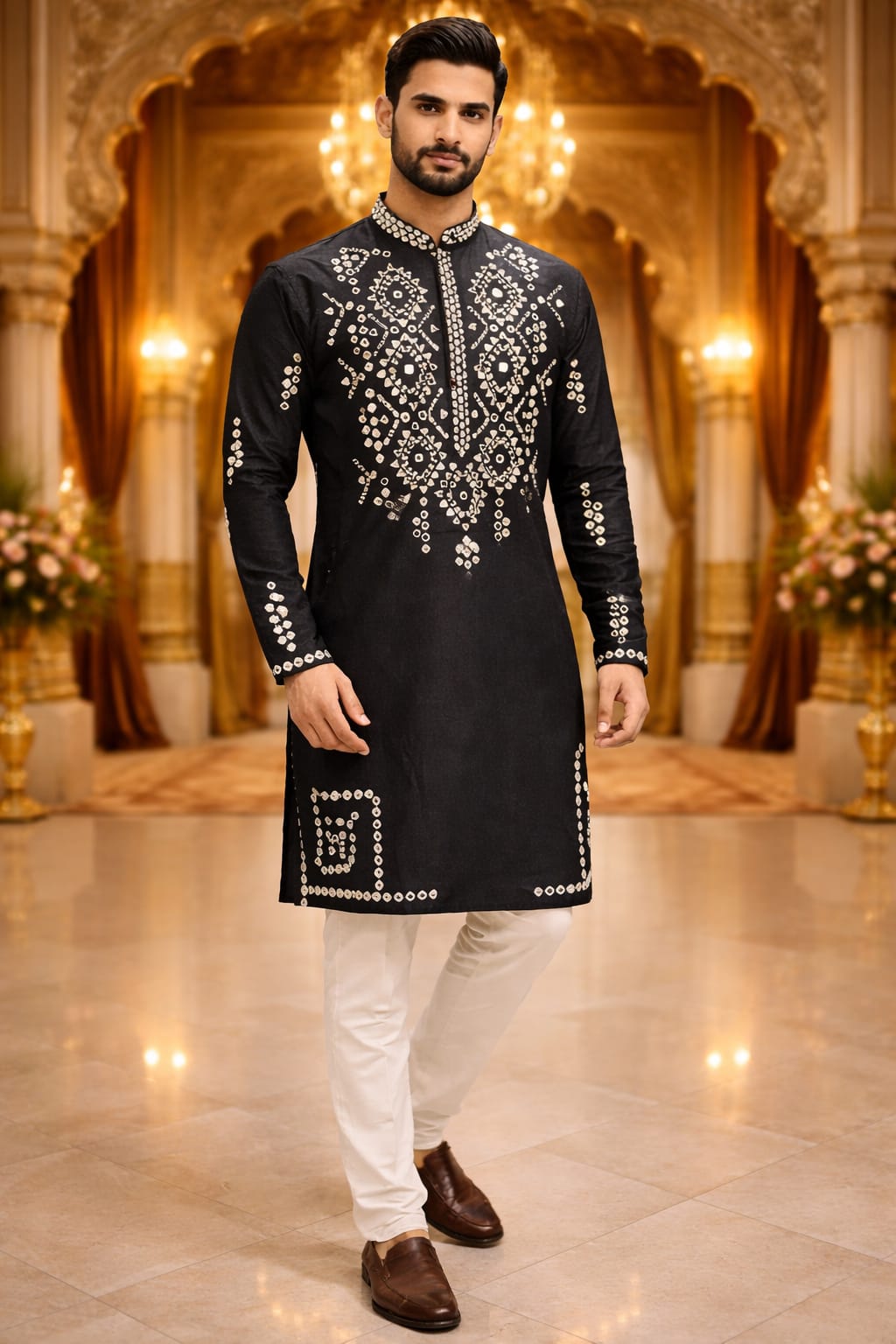Black Green Pure Silk Embroidery Sequins Work Kurta Pajama 