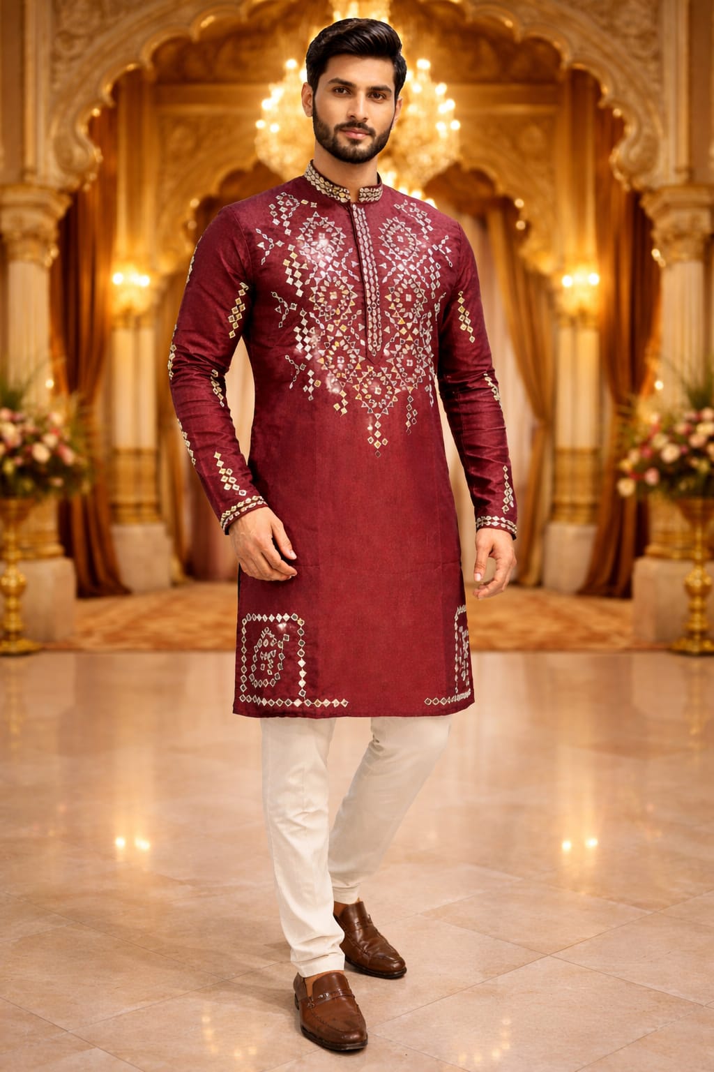 Red Pure Silk Embroidery Sequins Work Kurta Pajama