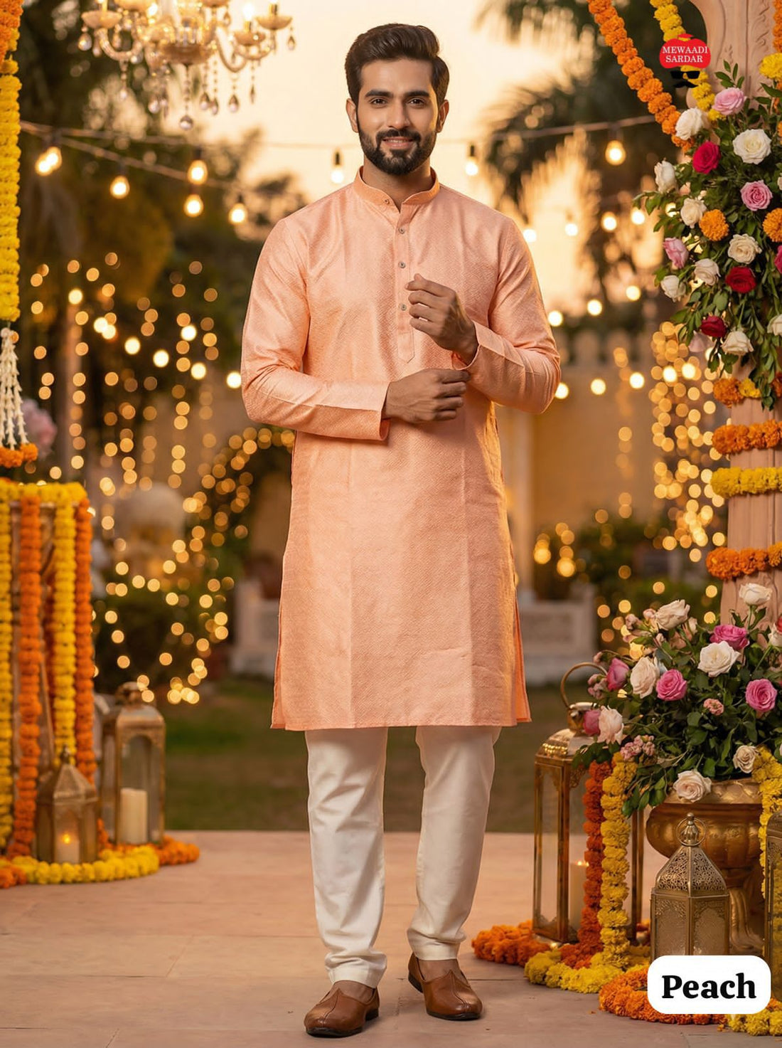 Peach Pure Silk Jacquard Party Wear Kurta Pajama 
