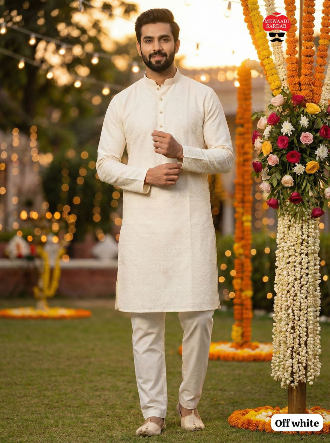White Pure Silk Jacquard Party Wear Kurta Pajama 