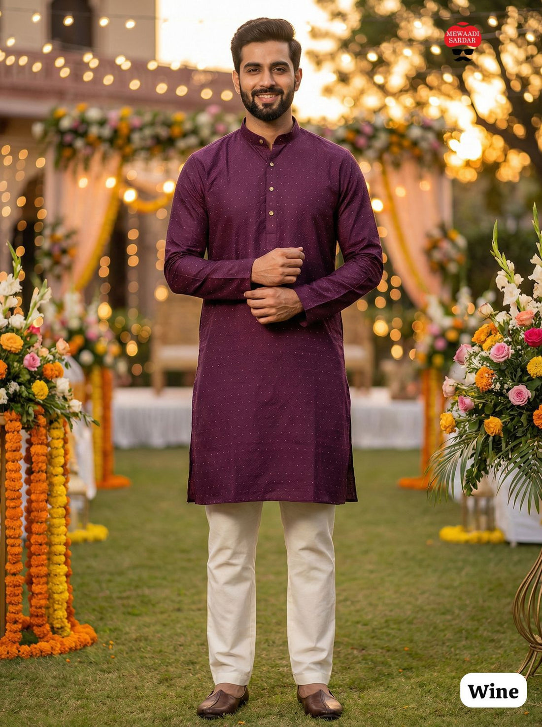 Wine Pure Silk Jacquard Party Wear Kurta Pajama 