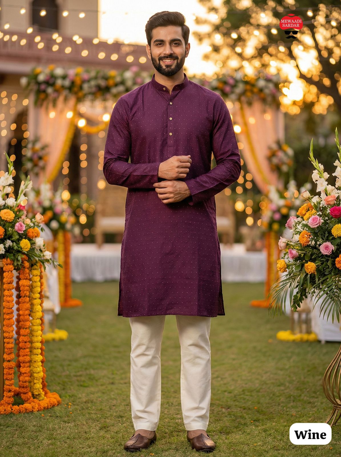Wine Pure Silk Jacquard Party Wear Kurta Pajama 