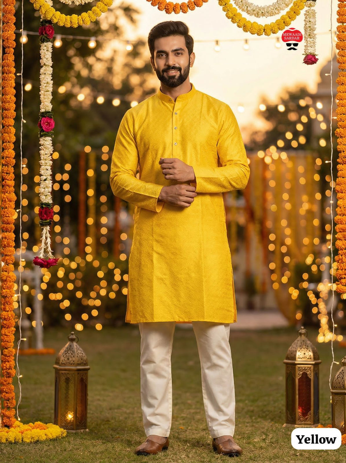 Yellow Pure Silk Jacquard Party Wear Kurta Pajama 