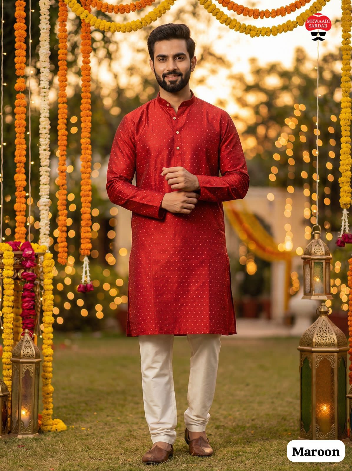 Red Pure Silk Jacquard Party Wear Kurta Pajama 
