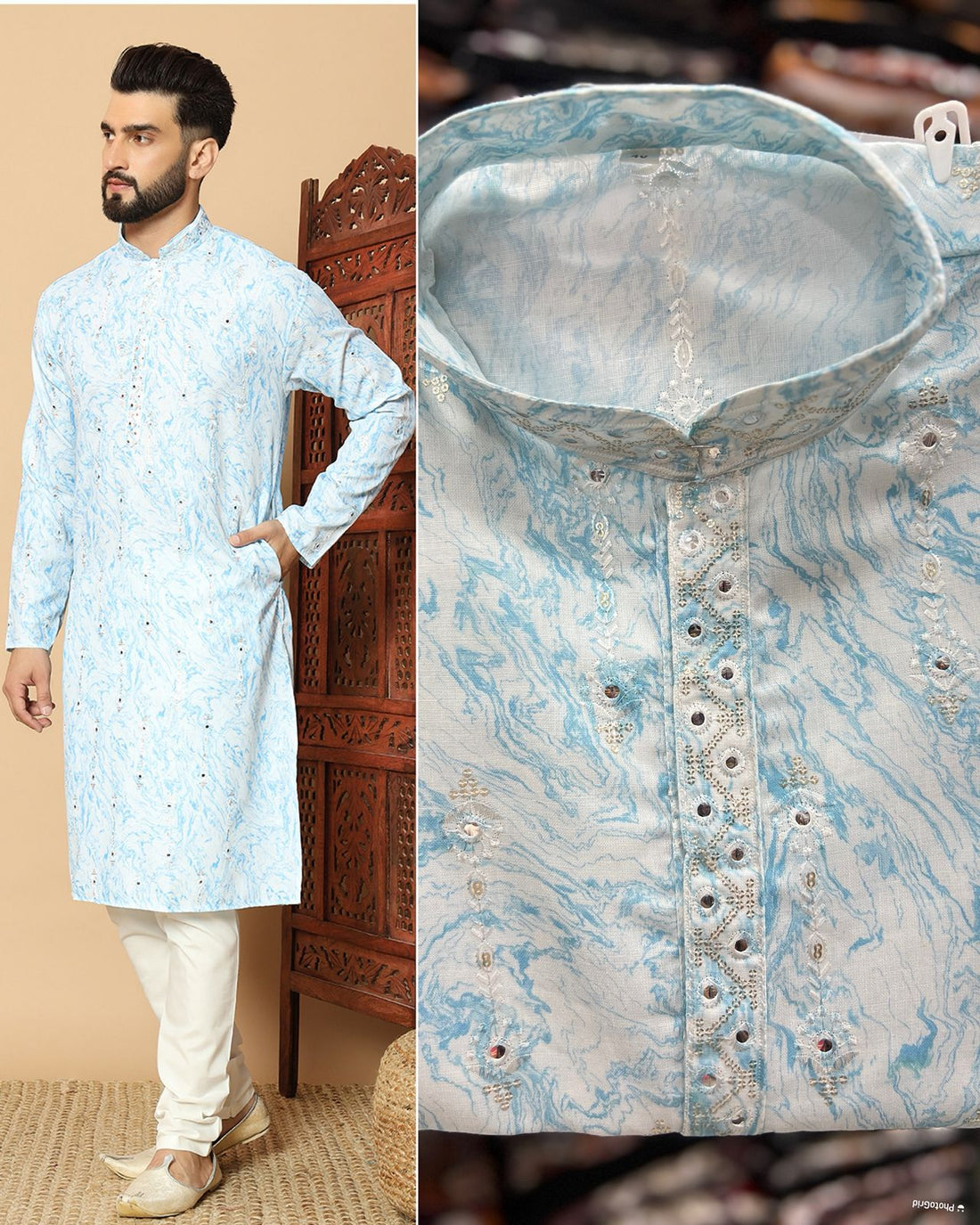 Sky Pure Linen Cotton Printed with Embroidery sequins Work Kurta Pajama 