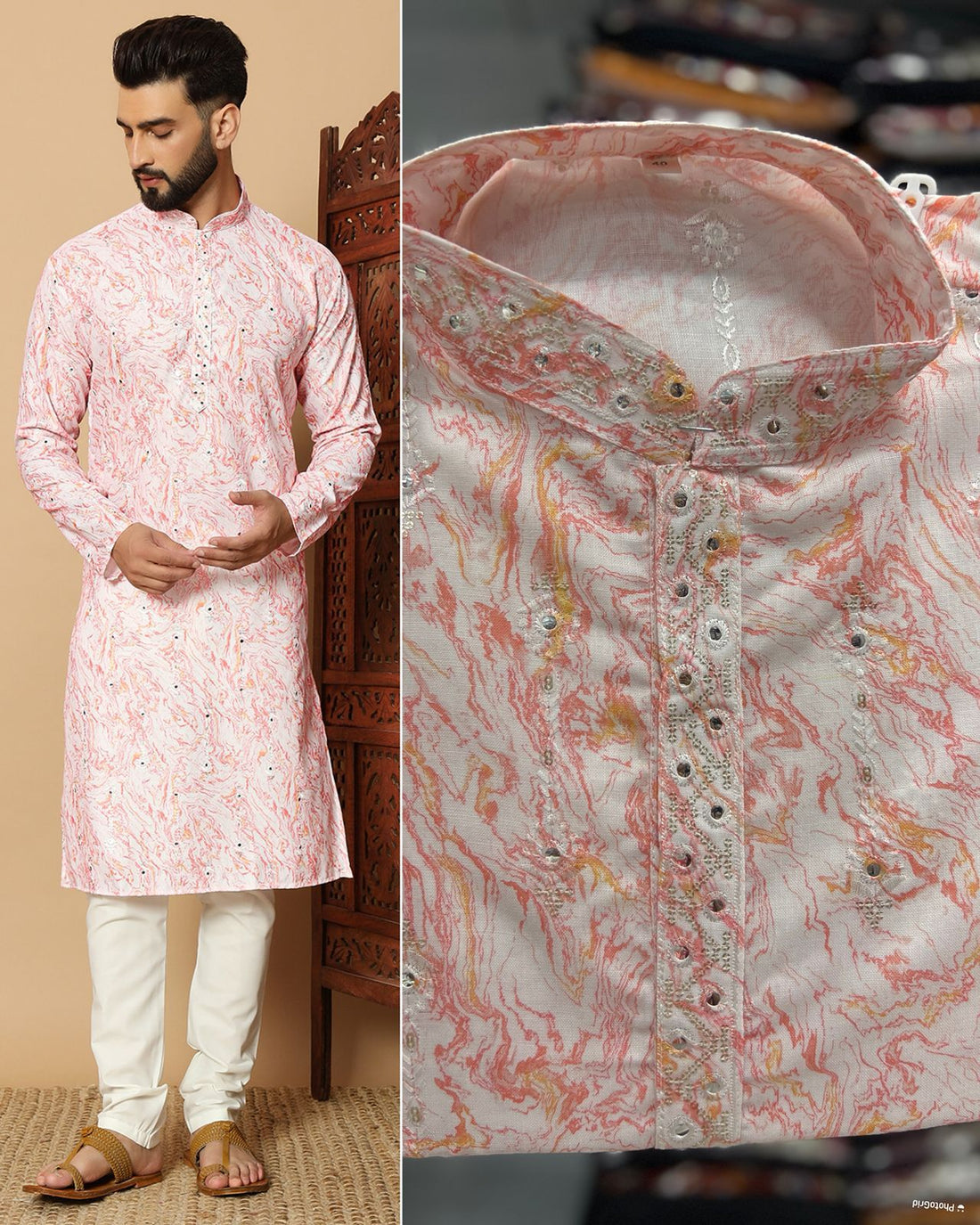 Pink Pure Linen Cotton Printed with Embroidery sequins Work Kurta Pajama 