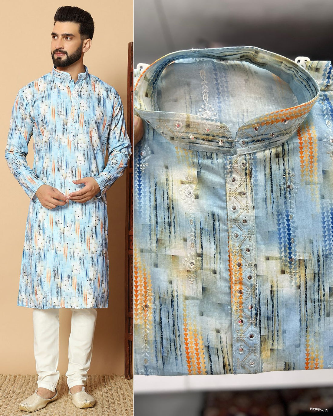 Sky Pure Linen Cotton Printed with Embroidery sequins Work Kurta Pajama 