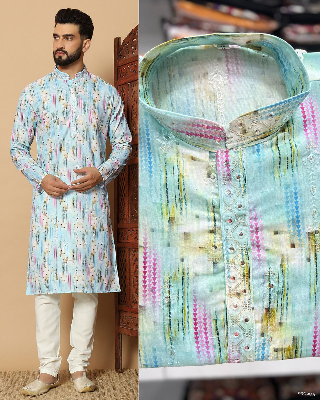 Sky Pure Linen Cotton Printed with Embroidery sequins Work Kurta Pajama 