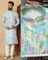 Sky Pure Linen Cotton Printed with Embroidery sequins Work Kurta Pajama 