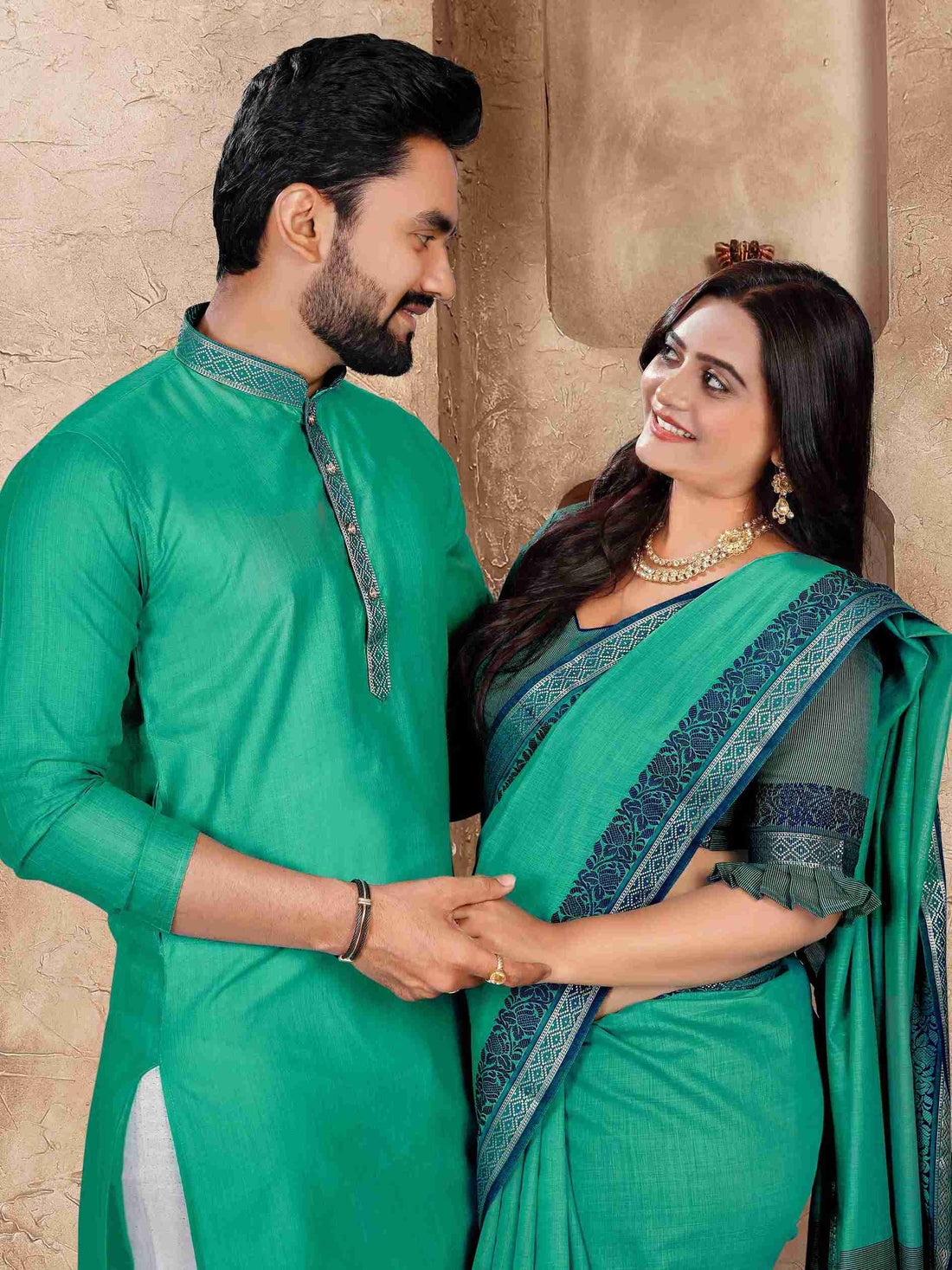 Rama Pure Linen Silk Saree With Kurta Pajama Matching Couple Combo Set