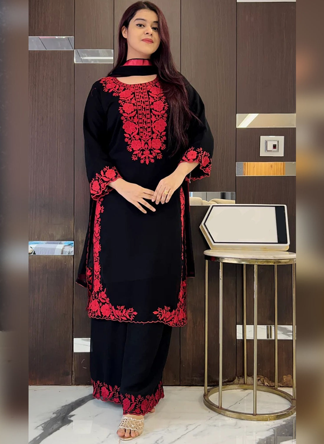 Black Pure Soft Georgette Kurti Pent With Dupatta Set 