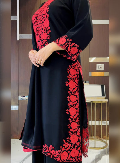 Black Pure Soft Georgette Kurti Pent With Dupatta Set 
