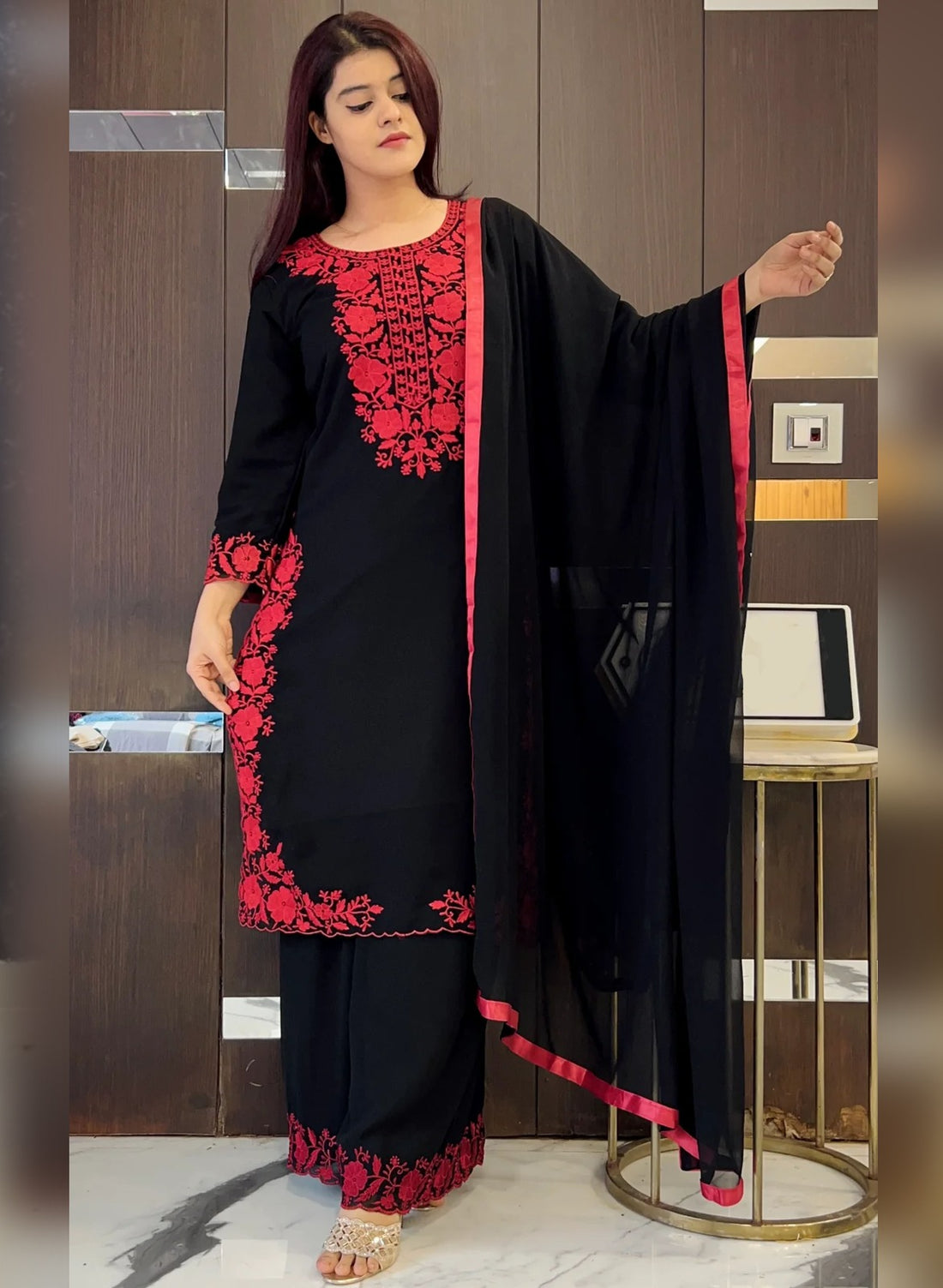 Black Pure Soft Georgette Kurti Pent With Dupatta Set 