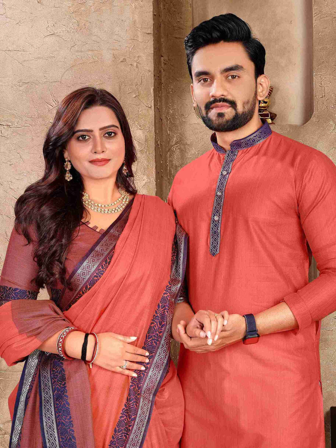 Peach Pure Linen Silk Saree With Kurta Pajama Matching Couple Combo Set