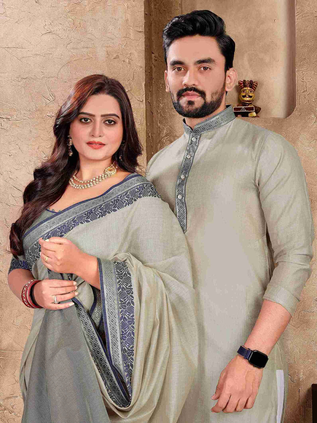 Grey Pure Linen Silk Saree With Kurta Pajama Matching Couple Combo Set