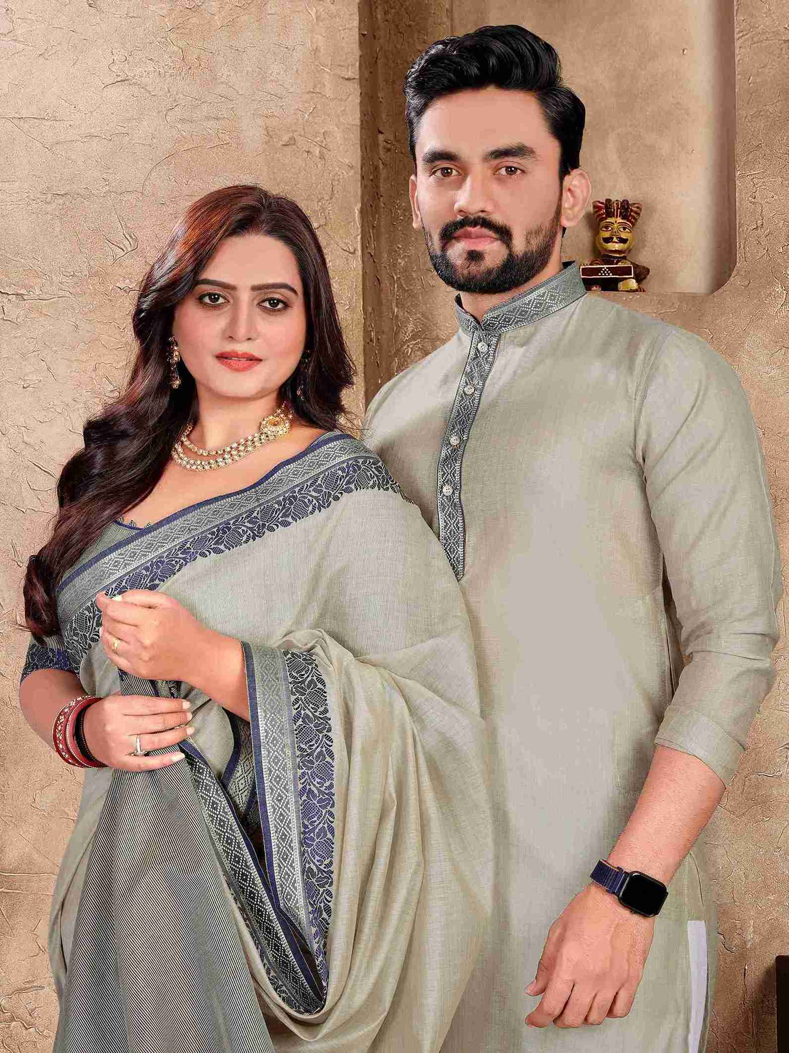 Grey Pure Linen Silk Saree With Kurta Pajama Matching Couple Combo Set