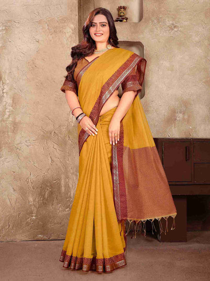 Mustard Pure Linen Silk Saree With Kurta Pajama Matching Couple Combo Set