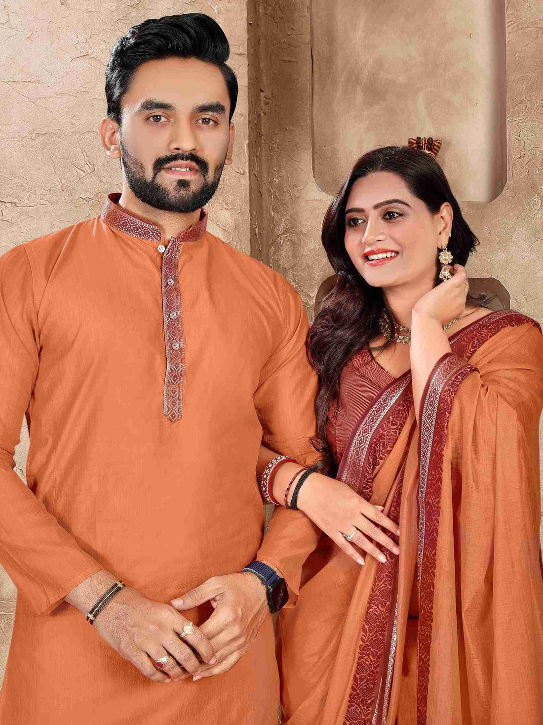 Orange Pure Linen Silk Saree With Kurta Pajama Matching Couple Combo Set