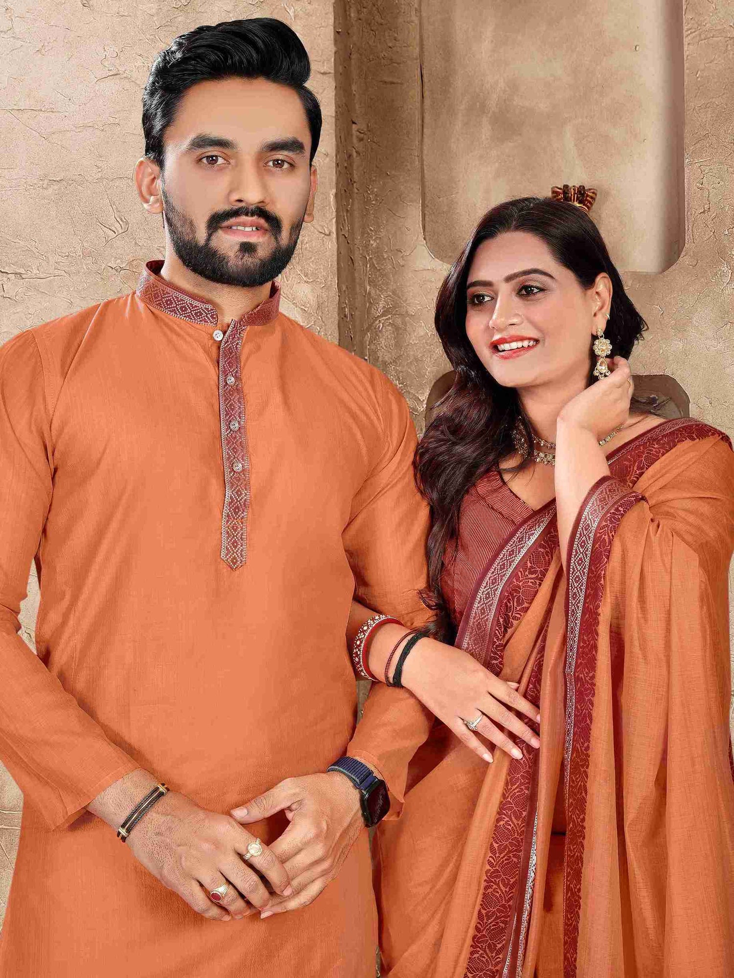 Orange Pure Linen Silk Saree With Kurta Pajama Matching Couple Combo Set