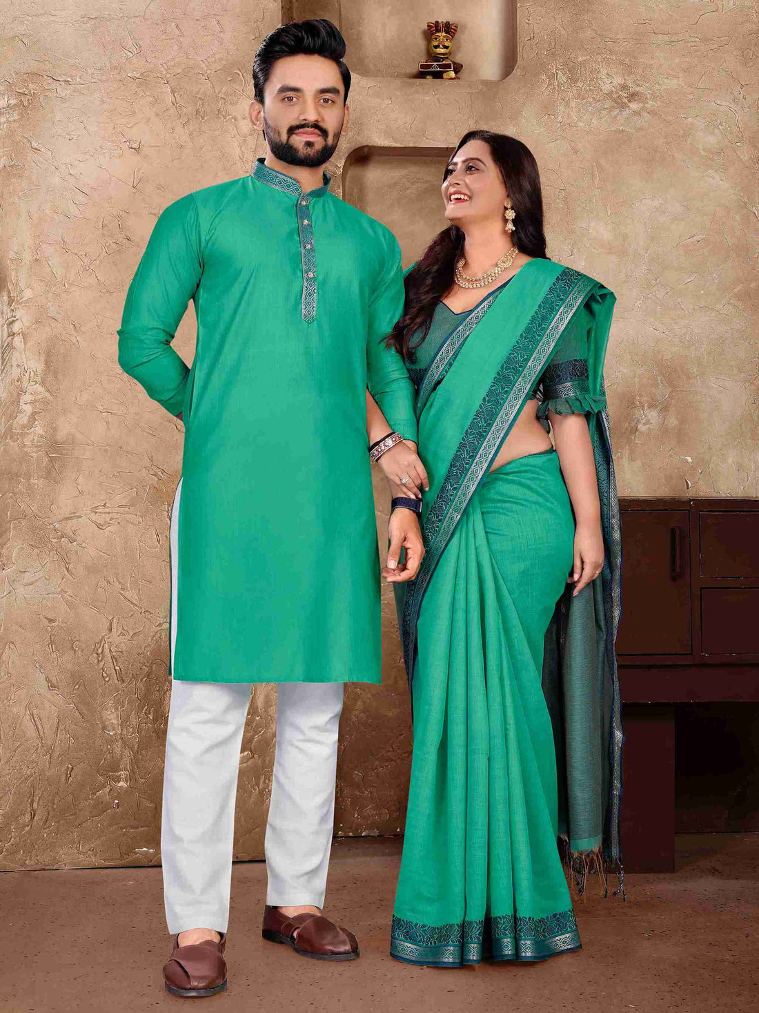 Rama Pure Linen Silk Saree With Kurta Pajama Matching Couple Combo Set