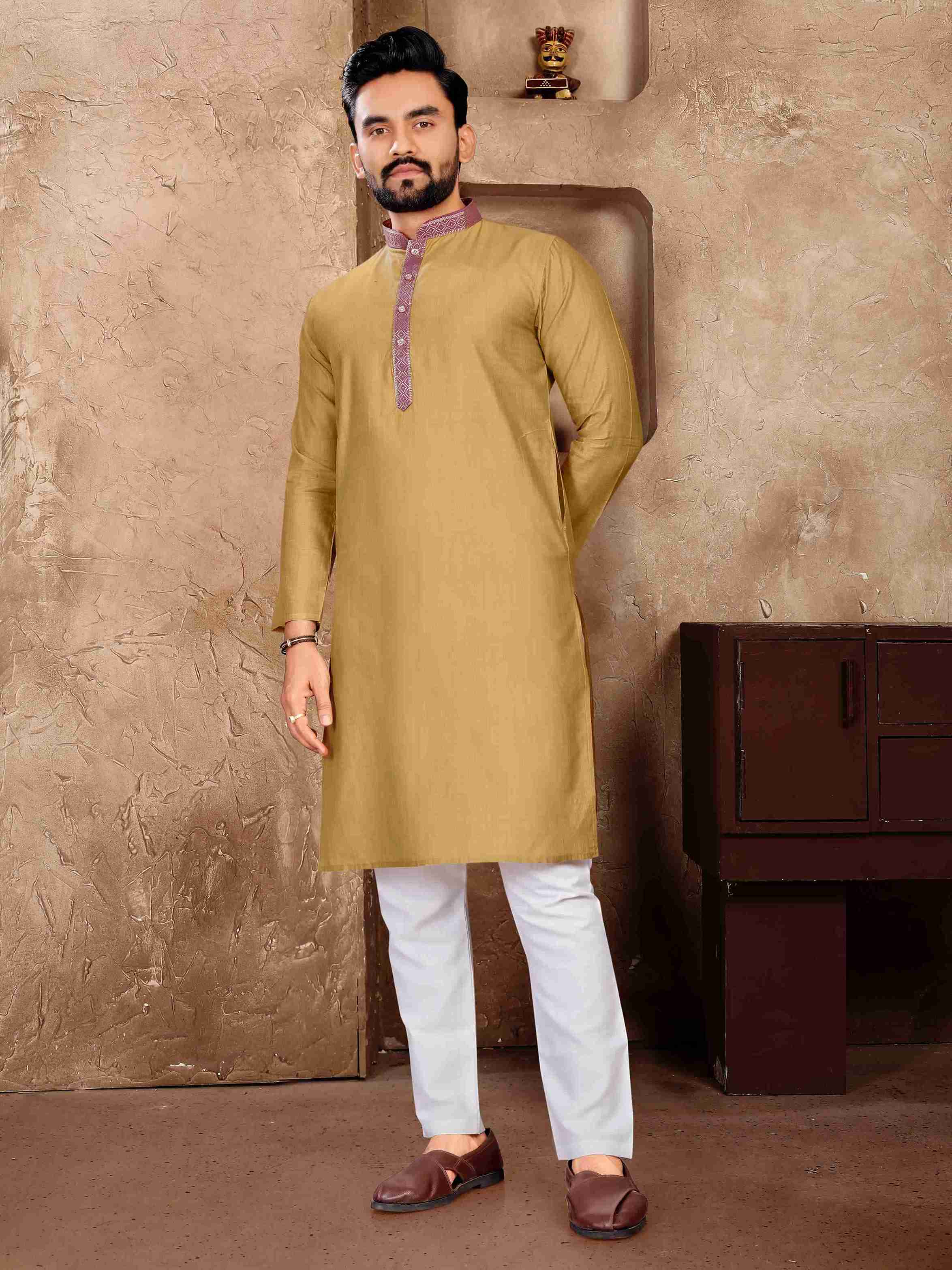 Chiku Pure Linen Silk Saree With Kurta Pajama Matching Couple Combo Set