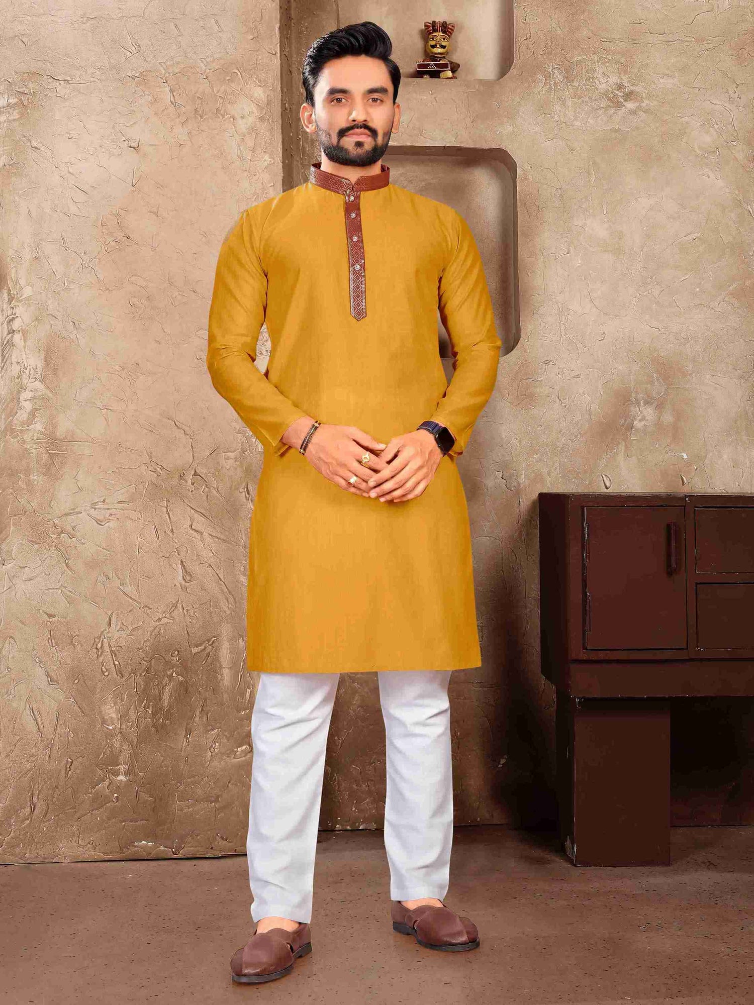 Mustard Pure Linen Silk Saree With Kurta Pajama Matching Couple Combo Set