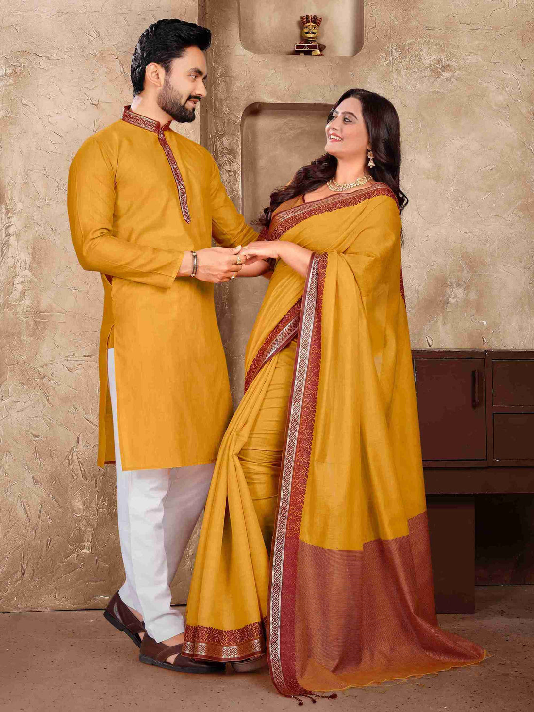 Mustard Pure Linen Silk Saree With Kurta Pajama Matching Couple Combo Set