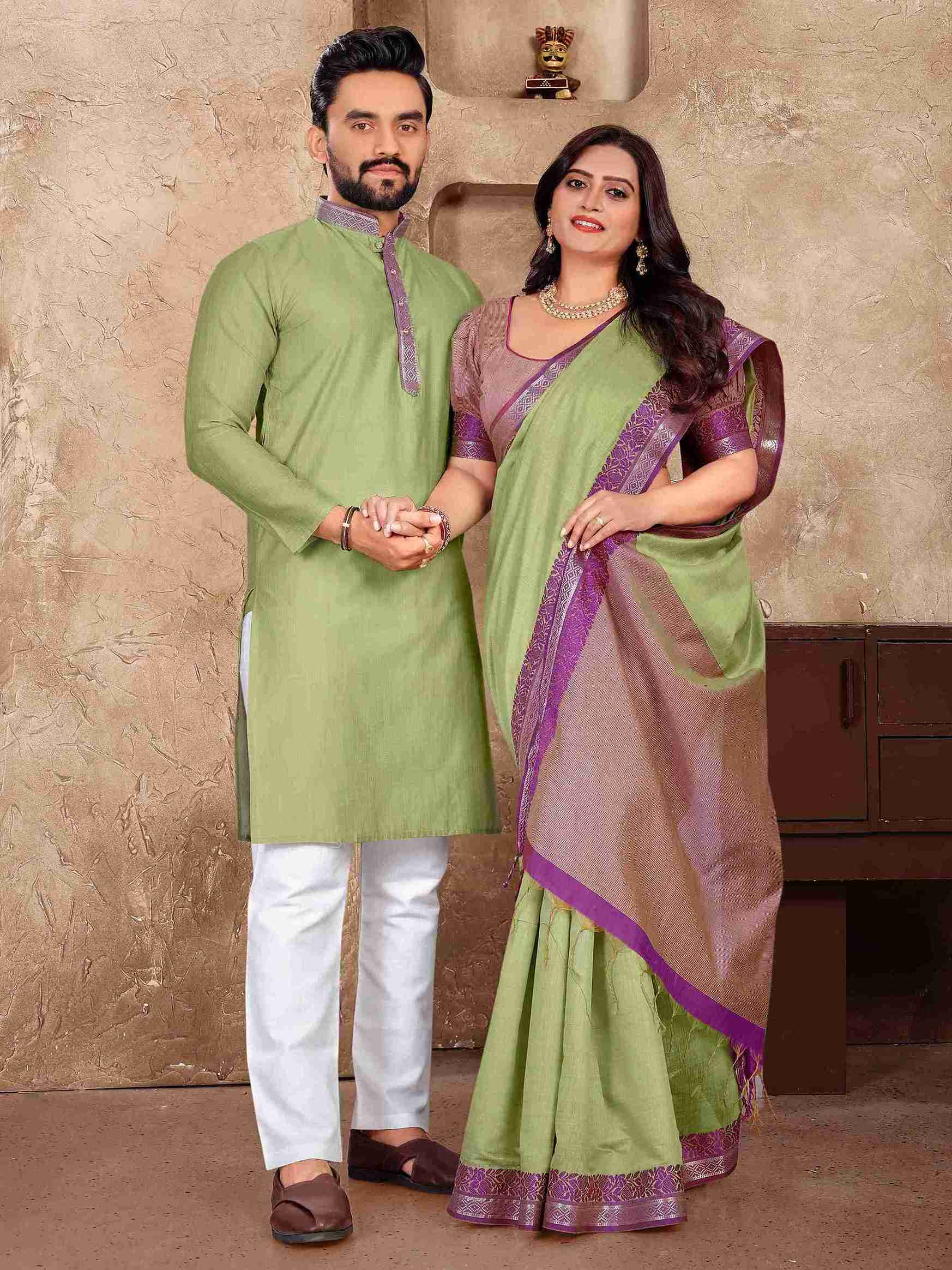 Green Pure Linen Silk Saree With Kurta Pajama Matching Couple Combo Set