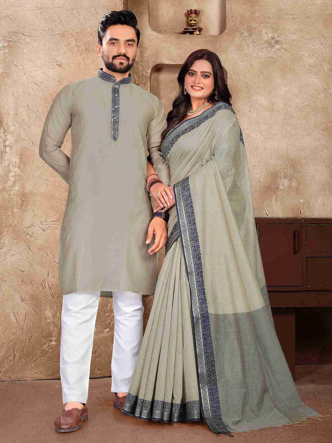 Grey Pure Linen Silk Saree With Kurta Pajama Matching Couple Combo Set