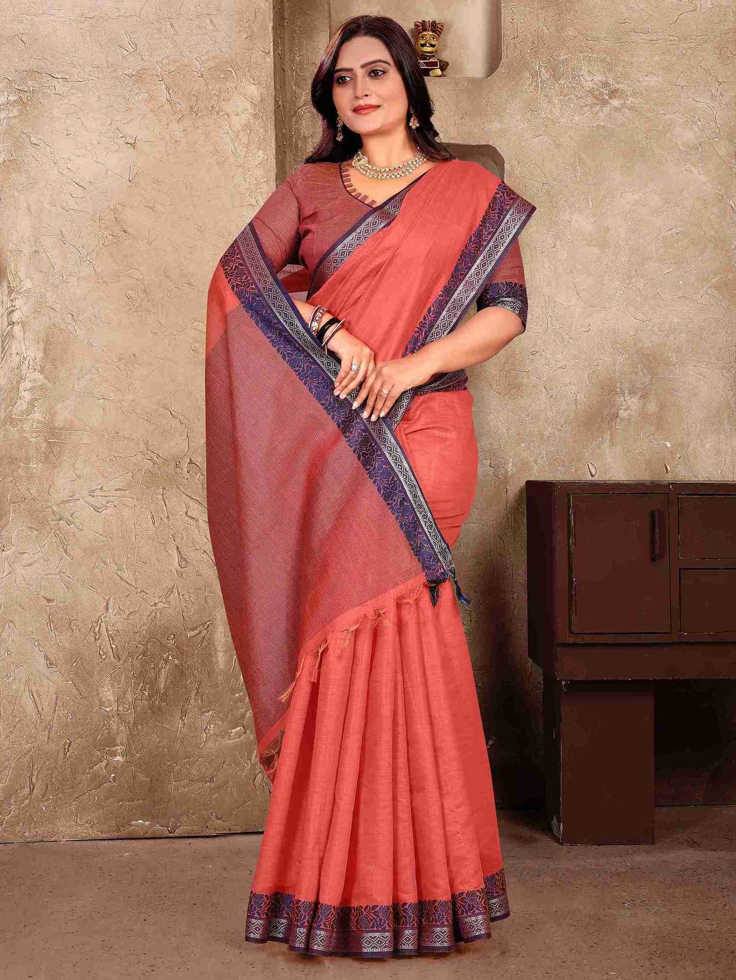 Peach Pure Linen Silk Saree With Kurta Pajama Matching Couple Combo Set