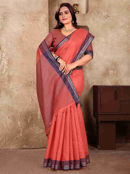 Peach Pure Linen Silk Saree With Kurta Pajama Matching Couple Combo Set
