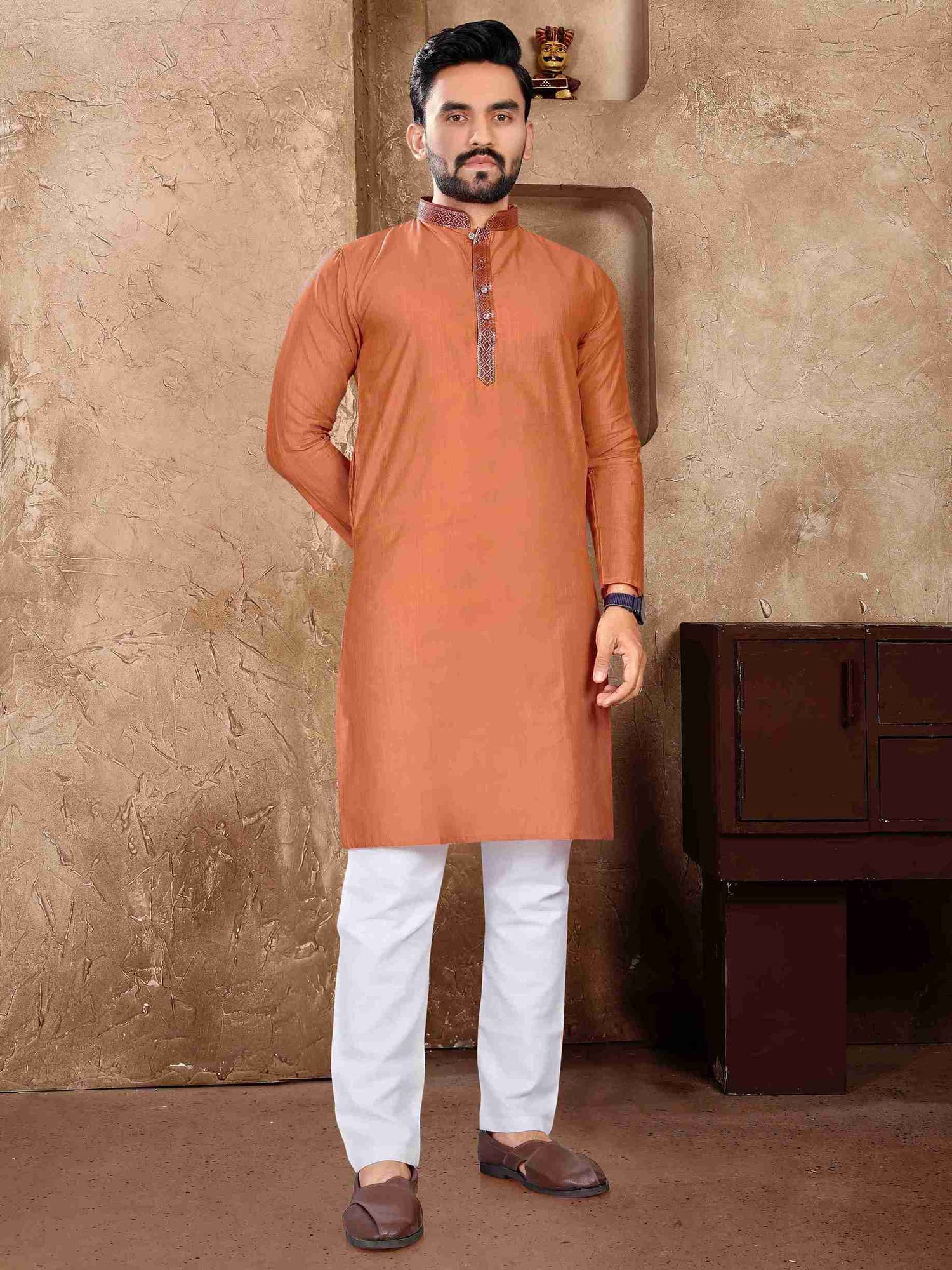 Orange Pure Linen Silk Saree With Kurta Pajama Matching Couple Combo Set