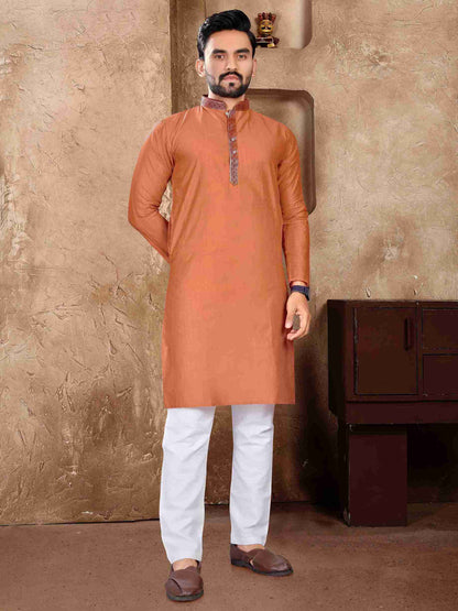 Orange Pure Linen Silk Saree With Kurta Pajama Matching Couple Combo Set