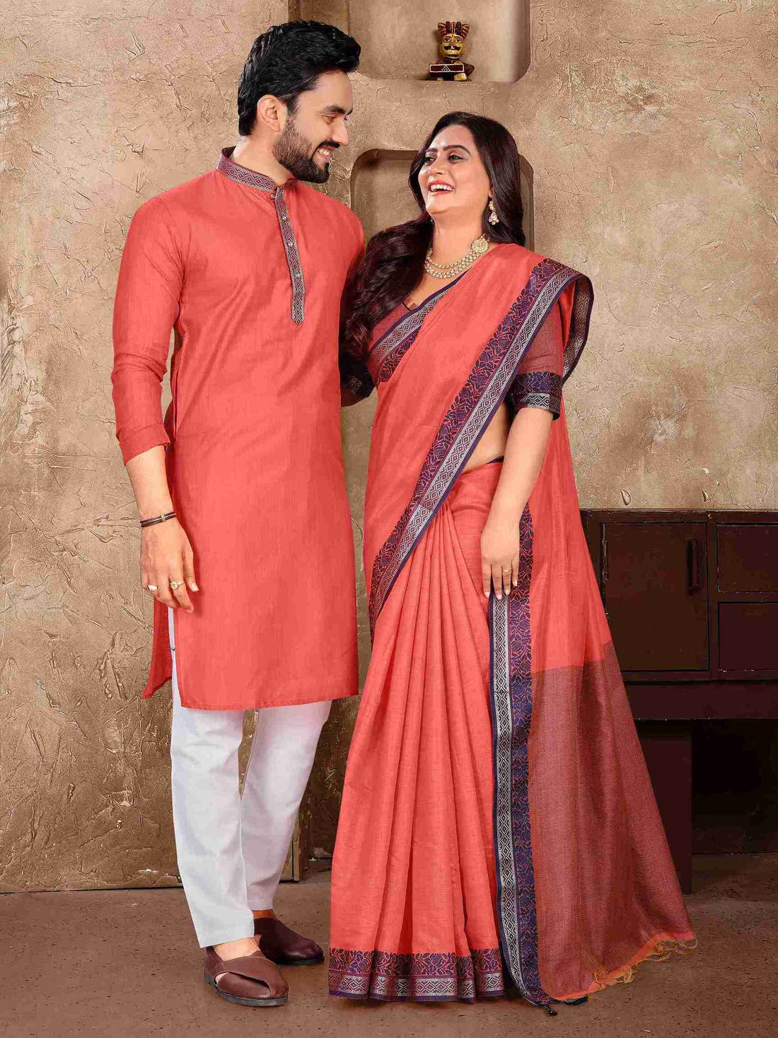 Peach Pure Linen Silk Saree With Kurta Pajama Matching Couple Combo Set