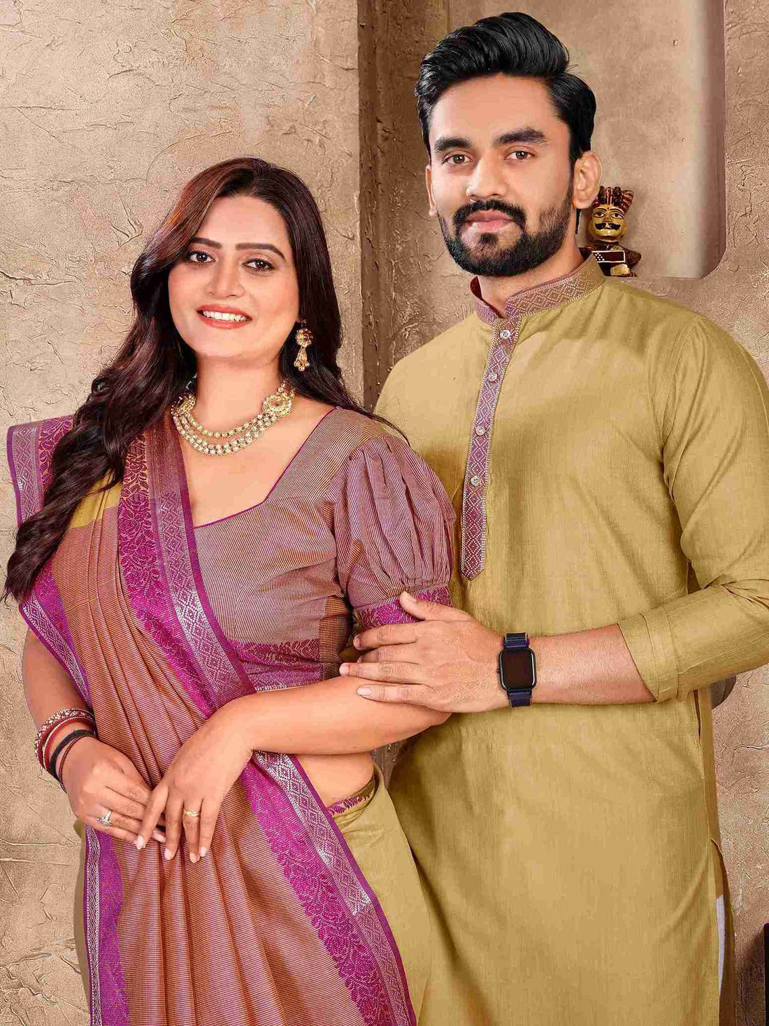 Chiku Pure Linen Silk Saree With Kurta Pajama Matching Couple Combo Set