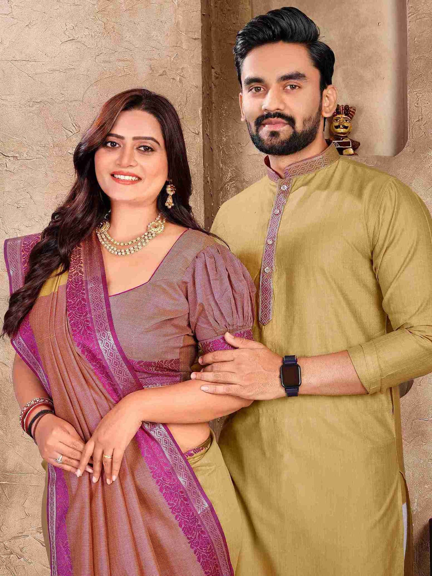 Chiku Pure Linen Silk Saree With Kurta Pajama Matching Couple Combo Set