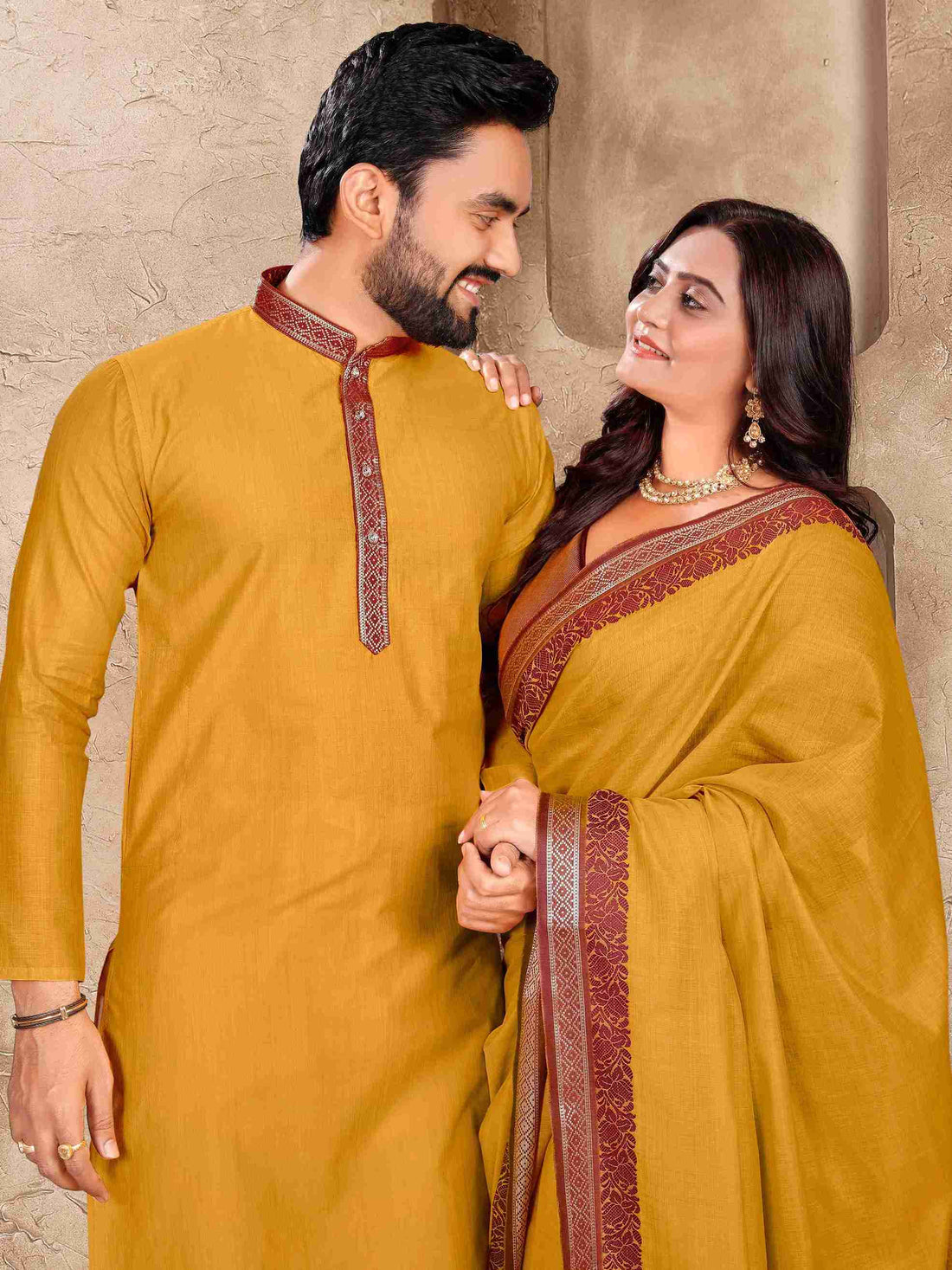 Mustard Pure Linen Silk Saree With Kurta Pajama Matching Couple Combo Set