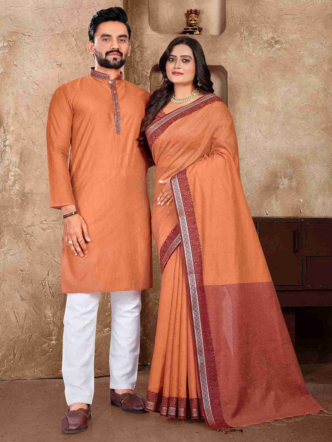 Orange Pure Linen Silk Saree With Kurta Pajama Matching Couple Combo Set