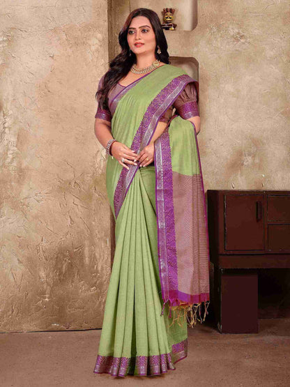 Green Pure Linen Silk Saree With Kurta Pajama Matching Couple Combo Set